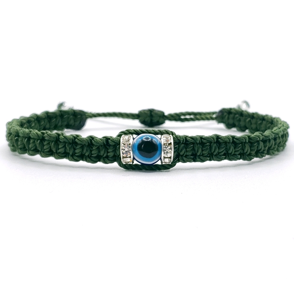 Evil eye bracelet, hunter green bracelet with charms, braided cord bracelet,gift